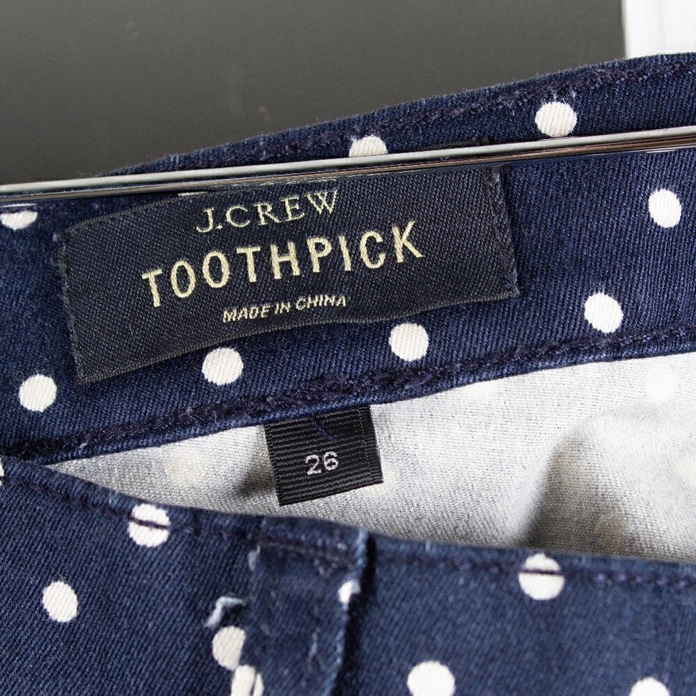 J. Crew Toothpick Jeans, Size 26,  Blue White Polkadot, Low Rise - Picture 3 of 4